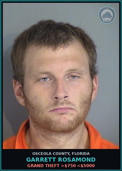CCW arrest card for GARRETT ROSAMOND in Osceola County: GRAND THEFT >$750 <$5000