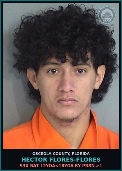 CCW arrest card for HECTOR FLORES-FLORES in Osceola County: s3x BAT 12YOA<18YOA BY PRSN >1