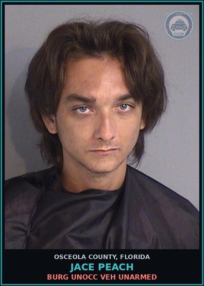 CCW arrest card for JACE PEACH in Osceola County: BURG UNOCC VEH UNARMED