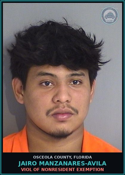 CCW arrest card for JAIRO MANZANARES-AVILA in Osceola County: VIOL OF NONRESIDENT EXEMPTION