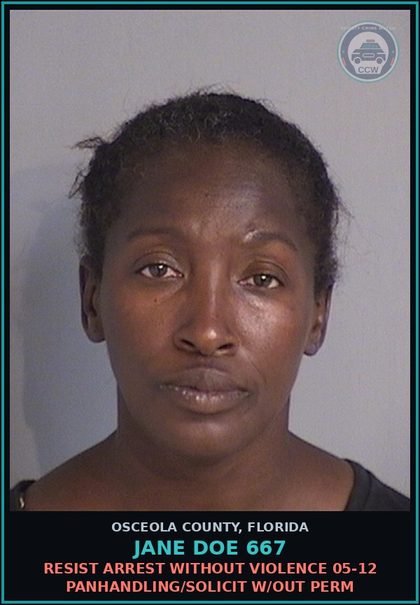 CCW arrest card for JANE DOE 667 in Osceola County: RESIST ARREST WITHOUT VIOLENCE 05-12 PANHANDLING/SOLICIT W/OUT PERM