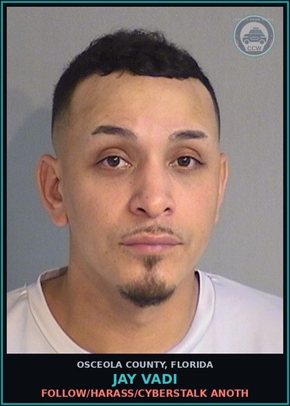 CCW arrest card for JAY VADI in Osceola County: FOLLOW/HARASS/CYBERSTALK ANOTH