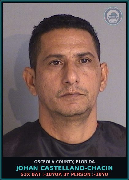 CCW arrest card for JOHAN CASTELLANO-CHACIN in Osceola County: s3x BAT >18YOA BY PERSON >18YO