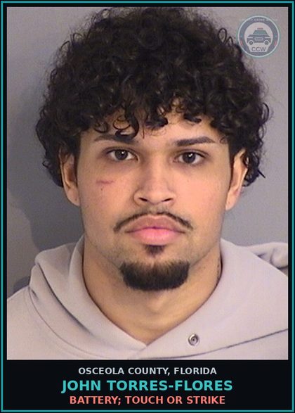 CCW arrest card for JOHN TORRES-FLORES in Osceola County: BATTERY; TOUCH OR STRIKE