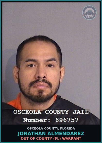 CCW arrest card for JONATHAN ALMENDAREZ in Osceola County: OUT OF COUNTY (FL) WARRANT