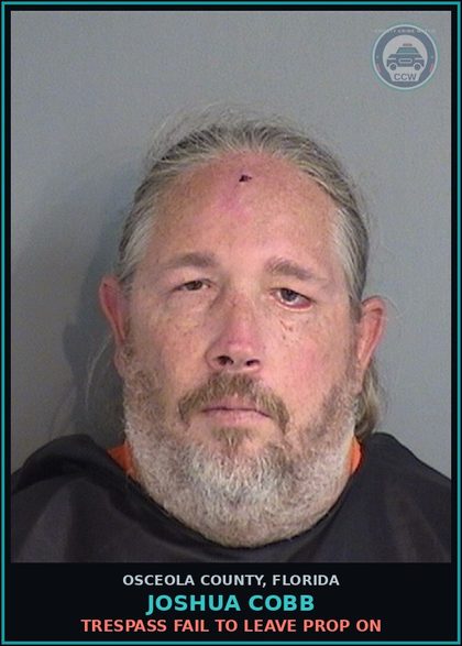 CCW arrest card for JOSHUA COBB in Osceola County: TRESPASS FAIL TO LEAVE PROP ON