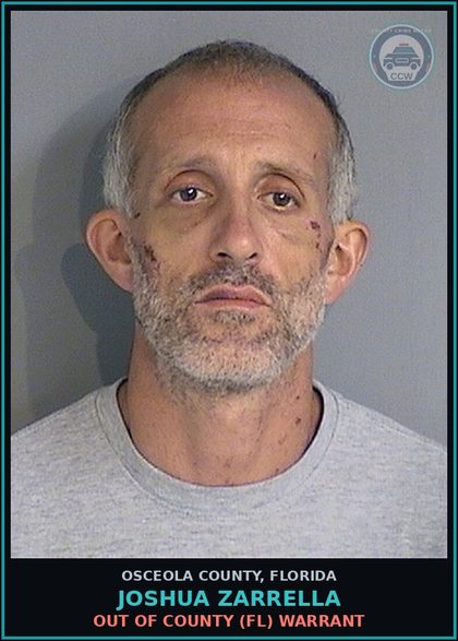CCW arrest card for JOSHUA ZARRELLA in Osceola County: OUT OF COUNTY (FL) WARRANT