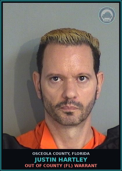CCW arrest card for JUSTIN HARTLEY in Osceola County: OUT OF COUNTY (FL) WARRANT