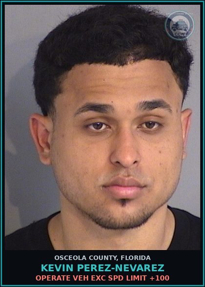 CCW arrest card for KEVIN PEREZ-NEVAREZ in Osceola County: OPERATE VEH EXC SPD LIMIT +100