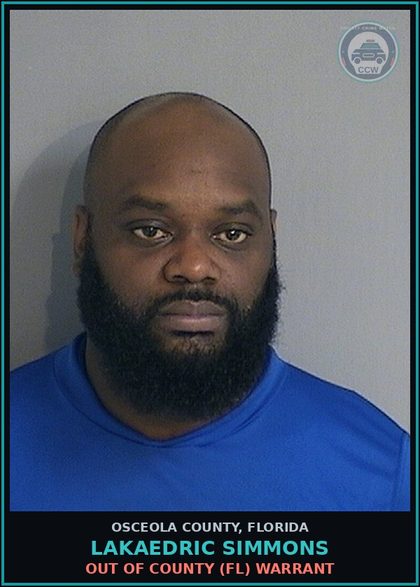 CCW arrest card for LAKAEDRIC SIMMONS in Osceola County: OUT OF COUNTY (FL) WARRANT