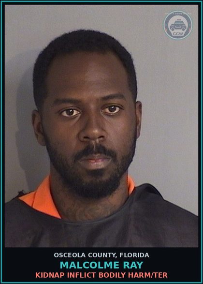 CCW arrest card for MALCOLME RAY in Osceola County, Florida: ! COM DOMES BATTERY BY STRANGULA