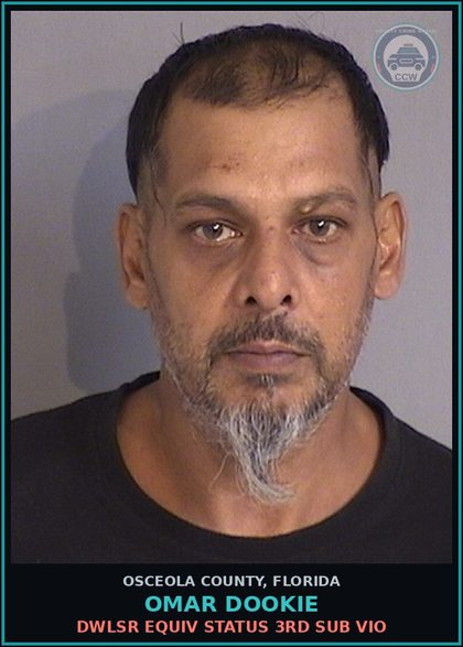 CCW arrest card for OMAR DOOKIE in Osceola County: DWLSR EQUIV STATUS 3RD SUB VIO