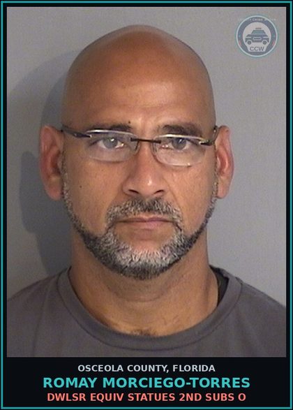CCW arrest card for ROMAY MORCIEGO-TORRES in Osceola County: DWLSR EQUIV STATUES 2ND SUBS O