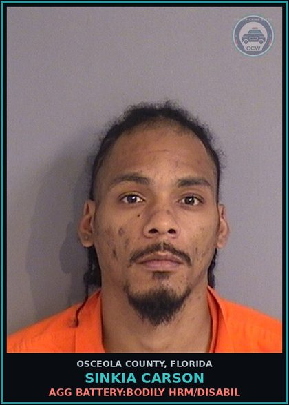 CCW arrest card for SINKIA CARSON in Osceola County: AGG BATTERY:BODILY HRM/DISABIL