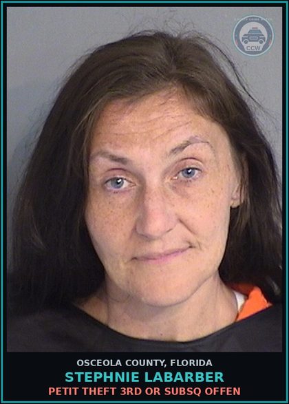 CCW arrest card for STEPHNIE LABARBER in Osceola County: PETIT THEFT 3RD OR SUBSQ OFFEN