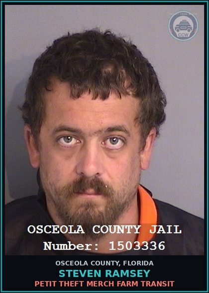CCW arrest card for STEVEN RAMSEY in Osceola County, Florida: PETIT THEFT MERCH FARM TRANSIT