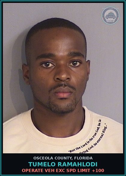 CCW arrest card for TUMELO RAMAHLODI in Osceola County: OPERATE VEH EXC SPD LIMIT +100