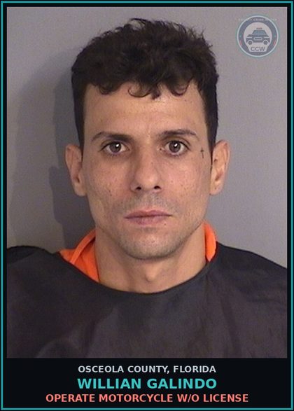 CCW arrest card for WILLIAN GALINDO in Osceola County: OPERATE MOTORCYCLE W/O LICENSE