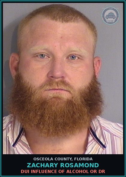 CCW arrest card for ZACHARY ROSAMOND in Osceola County: DUI INFLUENCE OF ALCOHOL OR DR