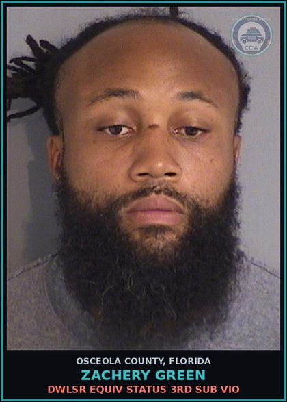 CCW arrest card for ZACHERY GREEN in Osceola County: DWLSR EQUIV STATUS 3RD SUB VIO