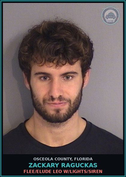 CCW arrest card for ZACKARY RAGUCKAS in Osceola County: FLEE/ELUDE LEO W/LIGHTS/SIREN