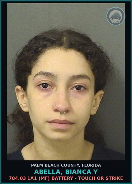 CCW arrest card for ABELLA, BIANCA Y in Palm Beach County: 784.03 1A1 (MF) BATTERY - TOUCH OR STRIKE