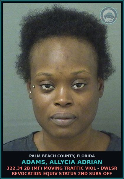 CCW arrest card for ADAMS, ALLYCIA ADRIAN in Palm Beach County: 322.34 2B (MF) MOVING TRAFFIC VIOL - DWLSR REVOCATION EQUIV STATUS 2ND SUBS OFF