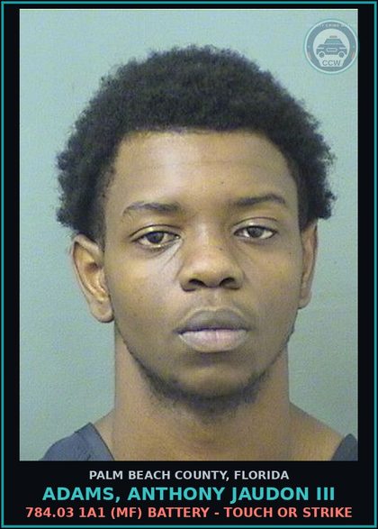 CCW arrest card for ADAMS, ANTHONY JAUDON III in Palm Beach County: 784.03 1A1 (MF) BATTERY - TOUCH OR STRIKE