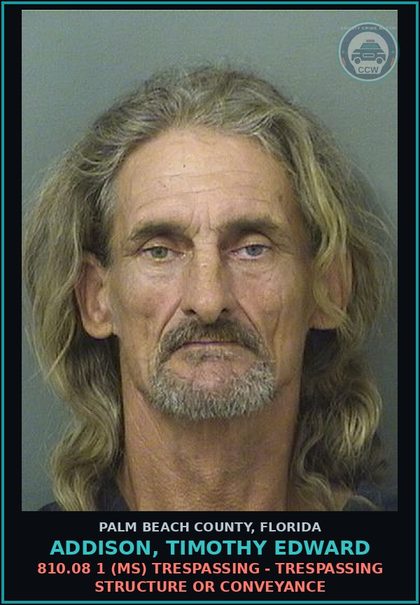CCW arrest card for ADDISON, TIMOTHY EDWARD in Palm Beach County: 810.08 1 (MS) TRESPASSING - TRESPASSING STRUCTURE OR CONVEYANCE