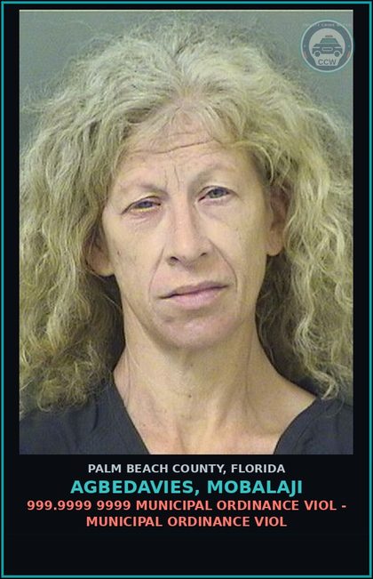 CCW arrest card for AGBEDAVIES, MOBALAJI in Palm Beach County: 999.9999 9999 MUNICIPAL ORDINANCE VIOL - MUNICIPAL ORDINANCE VIOL