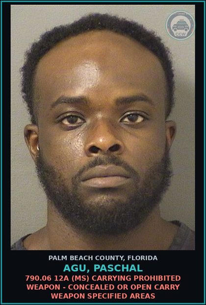 CCW arrest card for AGU, PASCHAL in Palm Beach County: 790.06 12A (MS) CARRYING PROHIBITED WEAPON - CONCEALED OR OPEN CARRY WEAPON SPECIFIED AREAS