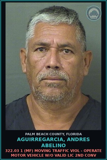 CCW arrest card for AGUIRREGARCIA, ANDRES ABELINO in Palm Beach County: 322.03 1 (MF) MOVING TRAFFIC VIOL - OPERATE MOTOR VEHICLE W/O VALID LIC 2ND CONV