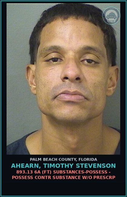 CCW arrest card for AHEARN, TIMOTHY STEVENSON in Palm Beach County: 893.13 6A (FT) DRUGS-POSSESS - POSSESS contr substance W/O PRESCRIPTION