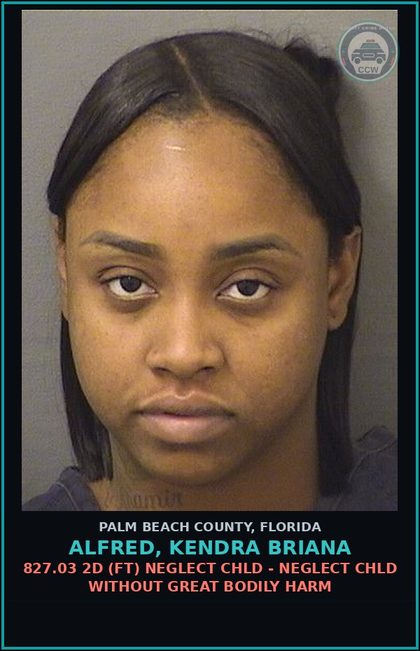 CCW arrest card for ALFRED, KENDRA BRIANA in Palm Beach County: 827.03 2D (FT) NEGLECT chld - NEGLECT chld WITHOUT GREAT BODILY HARM