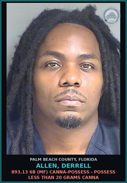 CCW arrest card for ALLEN, DERRELL in Palm Beach County: 893.13 1A1 (FS) DRUGS-POSSESS - POSS INTENT SELL/MFG/DELIV CTRL SUB SCHEDULE I