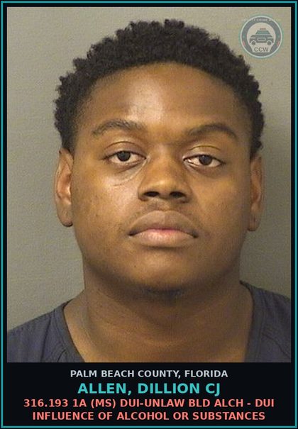 CCW arrest card for ALLEN, DILLION CJ in Palm Beach County: 316.193 1A (MS) DUI-UNLAW BLD ALCH - DUI INFLUENCE OF ALCOHOL OR DRUGS