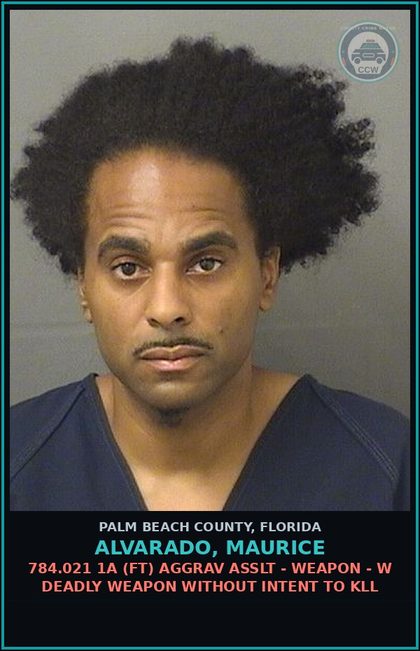 CCW arrest card for ALVARADO, MAURICE in Palm Beach County: 784.021 1A (FT) AGGRAV ASSLT - WEAPON - W DEADLY WEAPON WITHOUT INTENT TO KILL