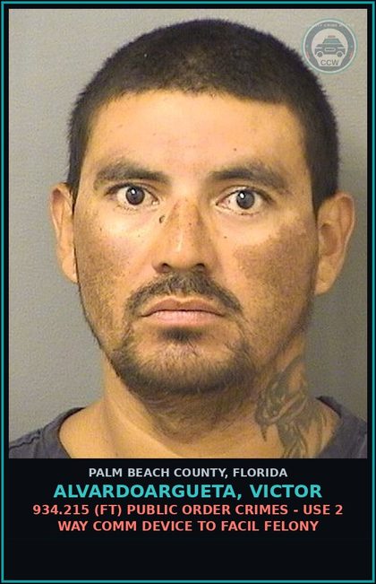 CCW arrest card for ALVARDOARGUETA, VICTOR in Palm Beach County: 893.13 1A1 (FS) DRUGS-SELL - SELL contr substance SCHEDULE II