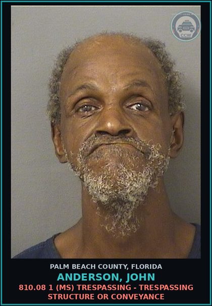 CCW arrest card for ANDERSON, JOHN in Palm Beach County: 810.08 1 (MS) TRESPASSING - TRESPASSING STRUCTURE OR CONVEYANCE