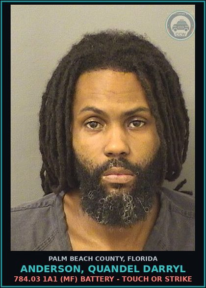 CCW arrest card for ANDERSON, QUANDEL DARRYL in Palm Beach County: 784.03 1A1 (MF) BATTERY - TOUCH OR STRIKE