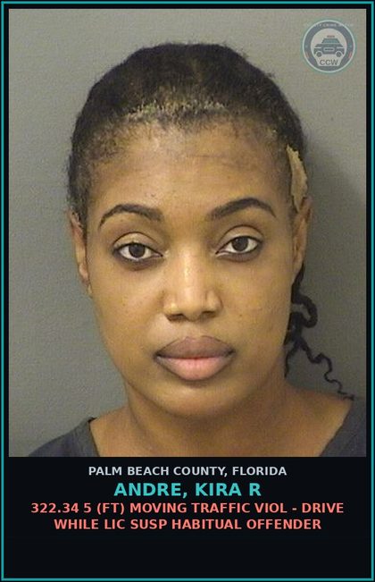 CCW arrest card for ANDRE, KIRA R in Palm Beach County: 322.34 5 (FT) MOVING TRAFFIC VIOL - DRIVE WHILE LIC SUSP HABITUAL OFFENDER
