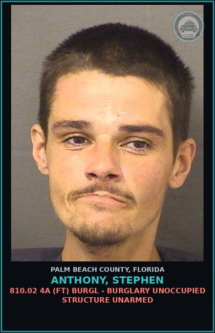 CCW arrest card for ANTHONY, STEPHEN in Palm Beach County: 810.02 4A (FT) BURGL - BURGLARY UNOCCUPIED STRUCTURE UNARMED