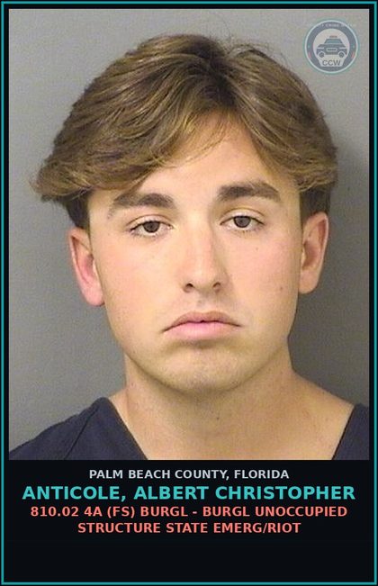 CCW arrest card for ANTICOLE, ALBERT CHRISTOPHER in Palm Beach County: 810.02 4A (FS) BURGL - BURGL UNOCCUPIED STRUCTURE STATE EMERG/RIOT