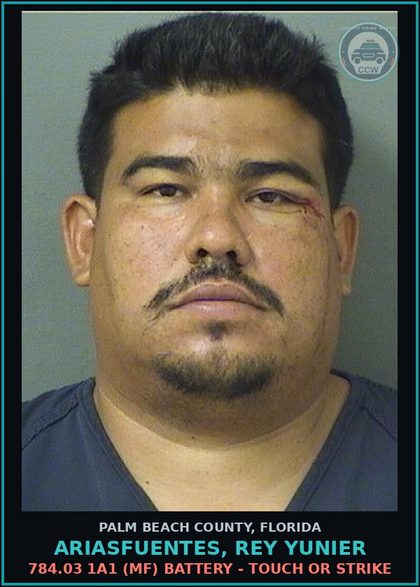 CCW arrest card for ARIASFUENTES, REY YUNIER in Palm Beach County: 784.03 1A1 (MF) BATTERY - TOUCH OR STRIKE