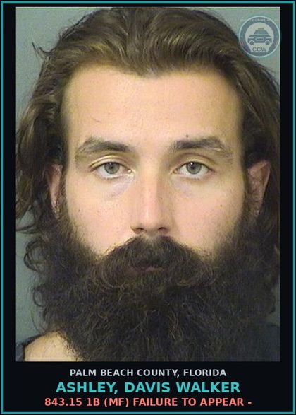 CCW arrest card for ASHLEY, DAVIS WALKER in Palm Beach County: 843.15 1B (MF) FAILURE TO APPEAR -
