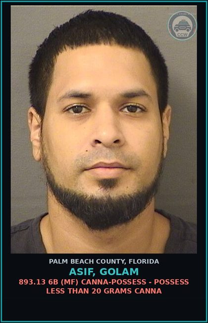 CCW arrest card for ASIF, GOLAM in Palm Beach County: 893.13 1A1 (FS) DRUGS-POSSESS - POSS INTENT SELL/MFG/DELIV CTRL SUB SCHEDULE I