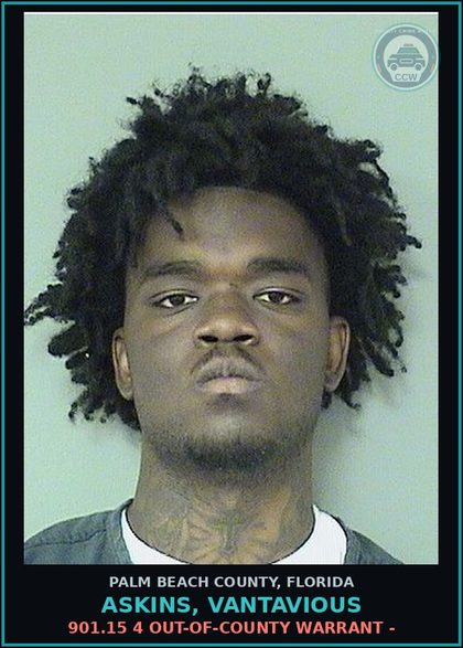 CCW arrest card for ASKINS, VANTAVIOUS in Palm Beach County: 901.15 4 OUT-OF-COUNTY WARRANT -