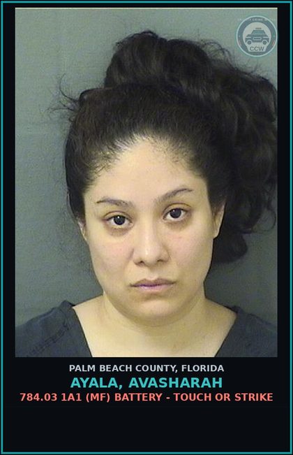 CCW arrest card for AYALA, AVASHARAH in Palm Beach County: 784.03 1A1 (MF) BATTERY - TOUCH OR STRIKE