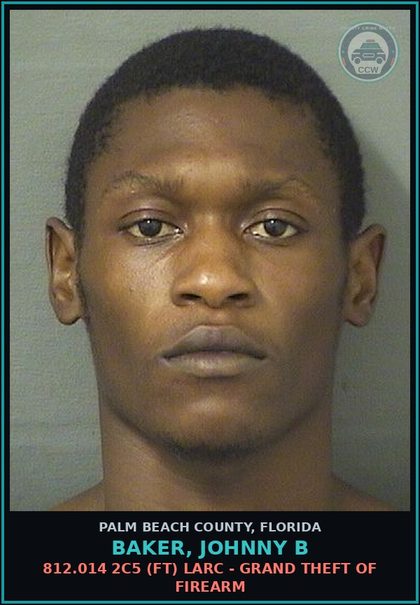 CCW arrest card for BAKER, JOHNNY B in Palm Beach County: 812.014 2C5 (FT) LARC - GRAND THEFT OF FIREARM