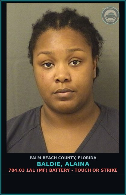 CCW arrest card for BALDIE, ALAINA in Palm Beach County: 784.03 1A1 (MF) BATTERY - TOUCH OR STRIKE